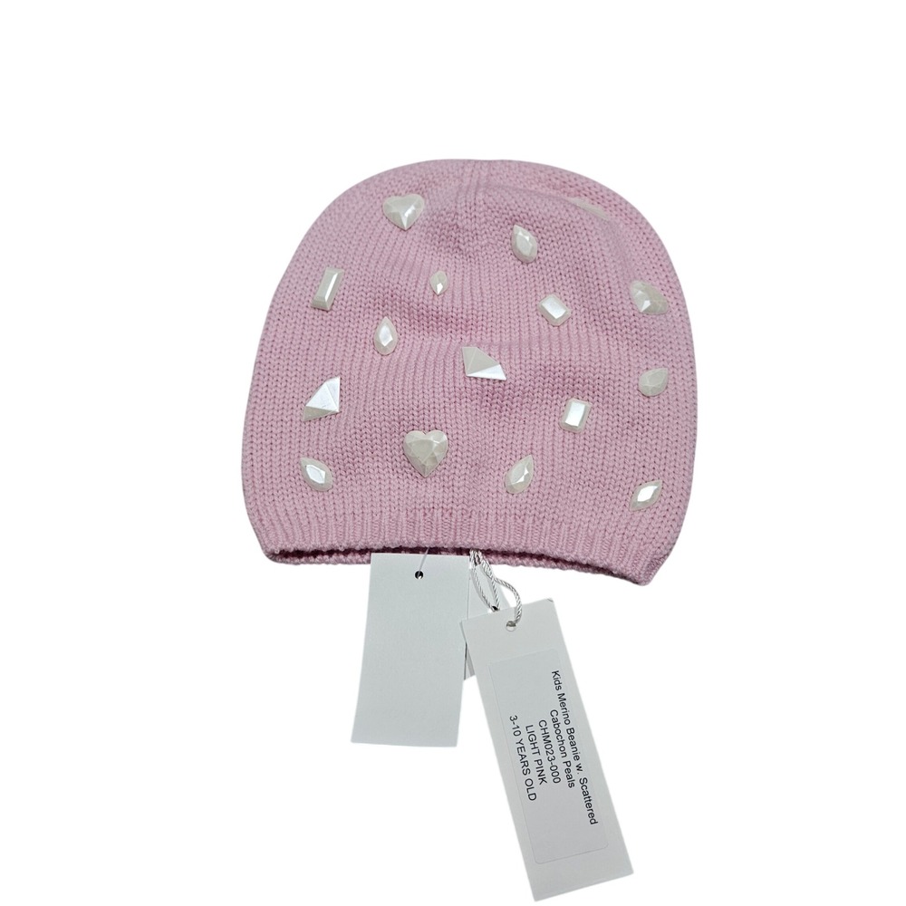 Carolyn Rowan Beanie Kids OS‎ Pink Merino Wool Pearl Cabochon Luxury Winter Hat